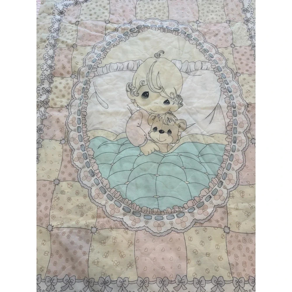 Vintage Baby Quilt Precious Moment Reversible Pink Bunny Teddy Bear 36 X 48